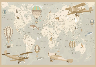 Carta da parati per bambini con mappa del mondo e aviatore