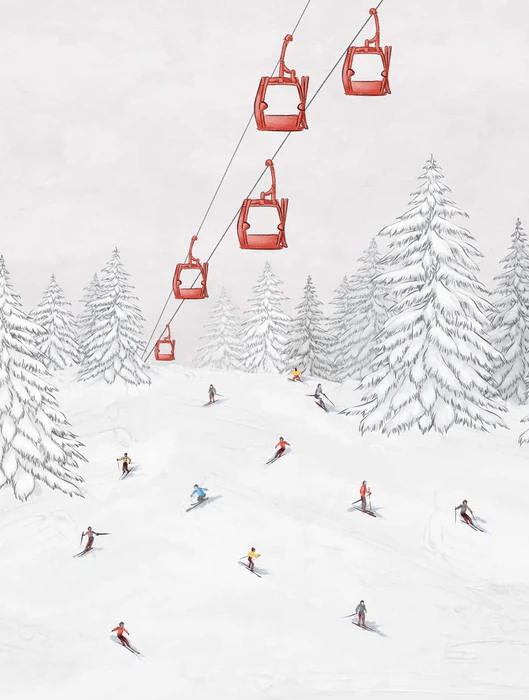 Tapete Gondelbahn Skifahrer bunt