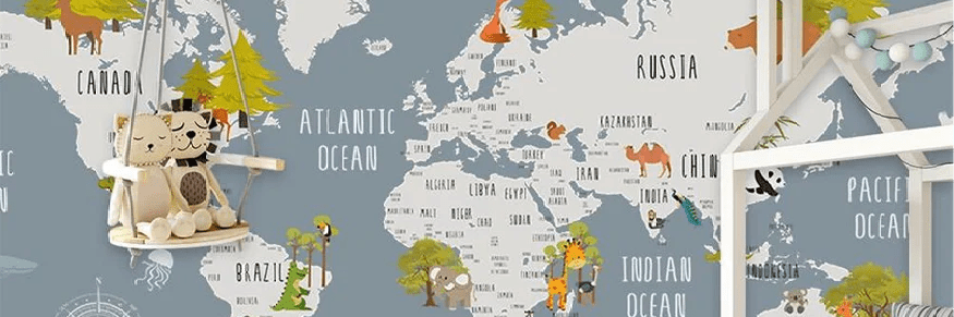 Papier peint chambre enfant map animaux gris