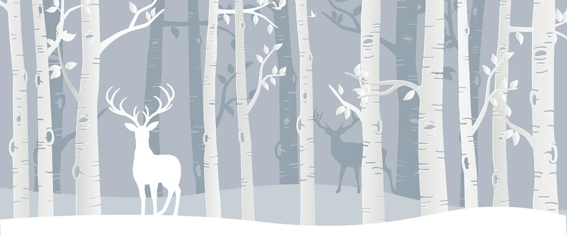 Carta da parati per bambini con bosco scandinavo, betulle e cervi