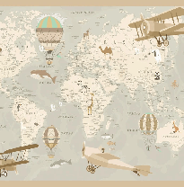Carta da parati per bambini con mappa del mondo e aviatore