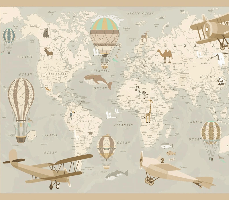 Carta da parati per bambini con mappa del mondo e aviatore