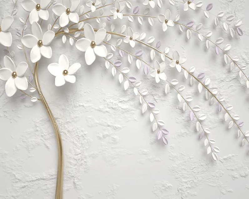 3D panoramic trompe l'oeil flowering tree wallpaper