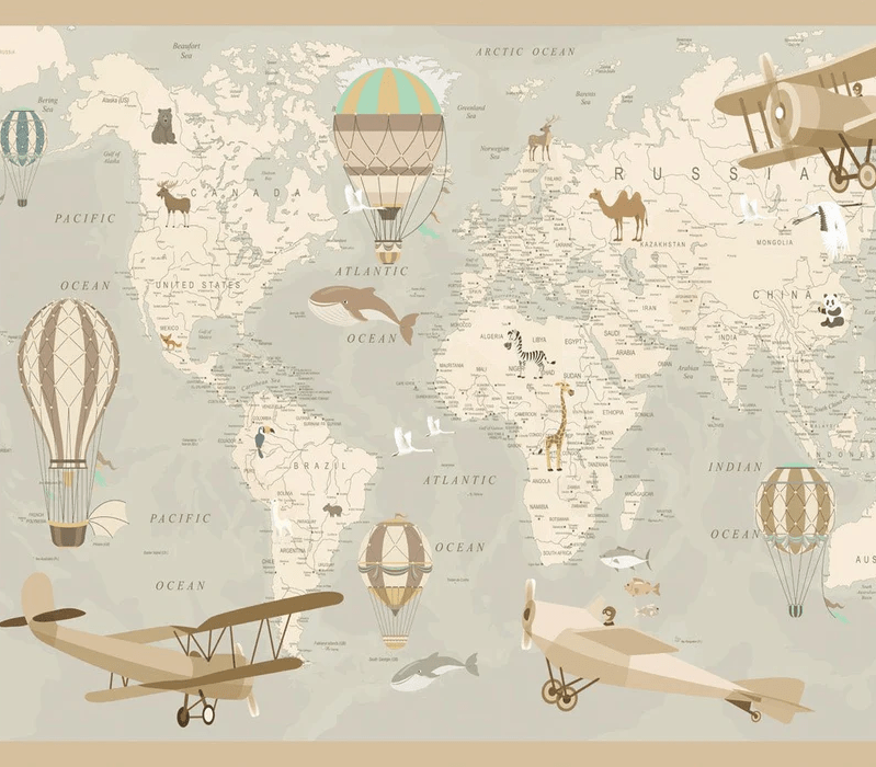 Carta da parati per bambini con mappa del mondo e aviatore