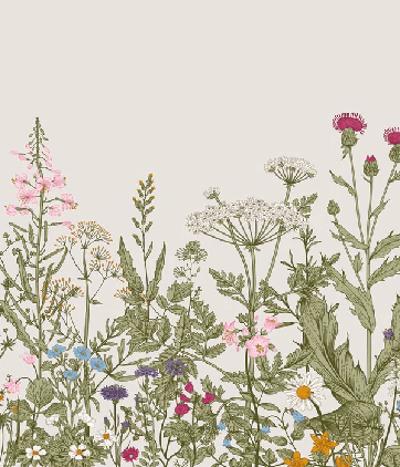 Carta da parati con motivi floreali botanici in stile folk romantico
