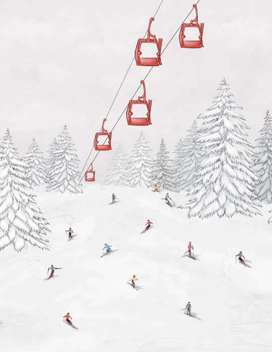 Tapete Gondelbahn Skifahrer bunt