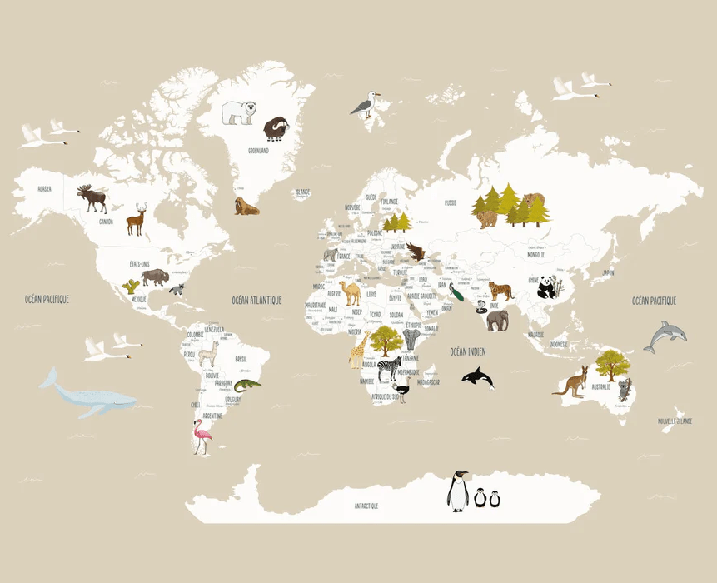 Papier peint Carte du monde en Francais enfant beige