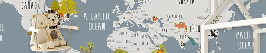 Papier peint chambre enfant map animaux gris, XXL, tendance