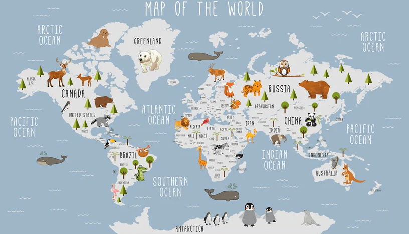 Papier peint Carte du monde illustrée Animaux