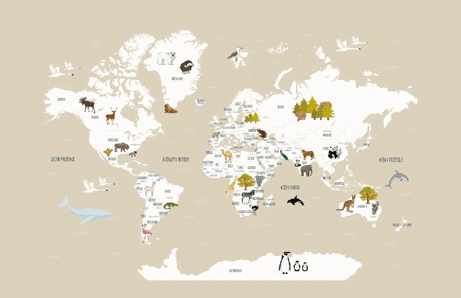 Papier peint Carte du monde en Francais enfant beige