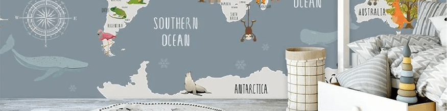 Papier peint chambre enfant map animaux gris