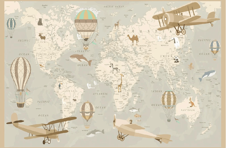 Carta da parati per bambini con mappa del mondo e aviatore