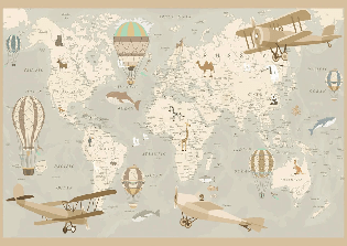 Carta da parati per bambini con mappa del mondo e aviatore