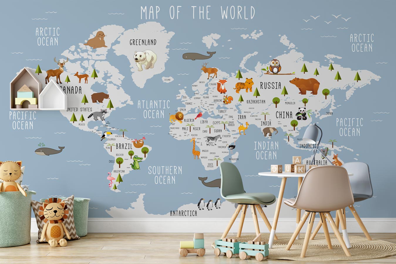 Papier peint Carte du monde illustrée Animaux, mural concept, tendance
