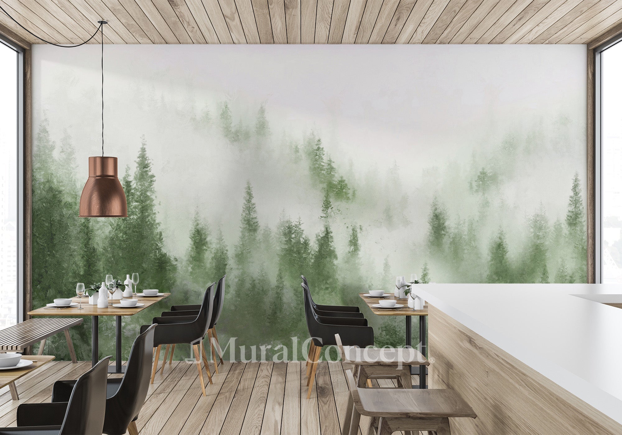 Papier peint bistrot sapin brume verte aquarelle, XXL, tendance