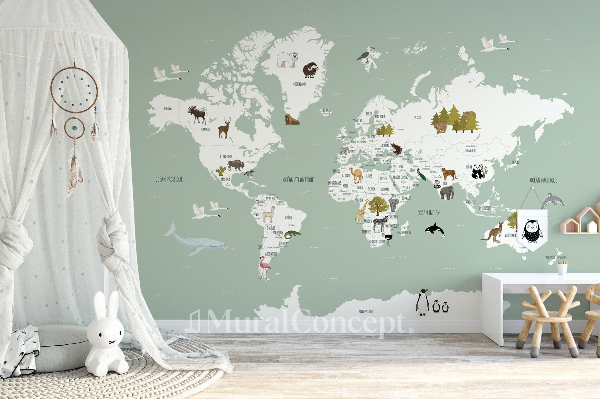Papier peint Carte du monde en Francais enfant vert, mural concept, tendance