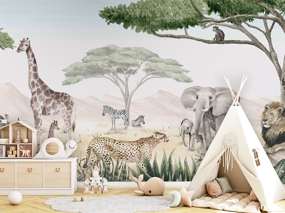 Carta da parati per bambini con motivo savana dipinto