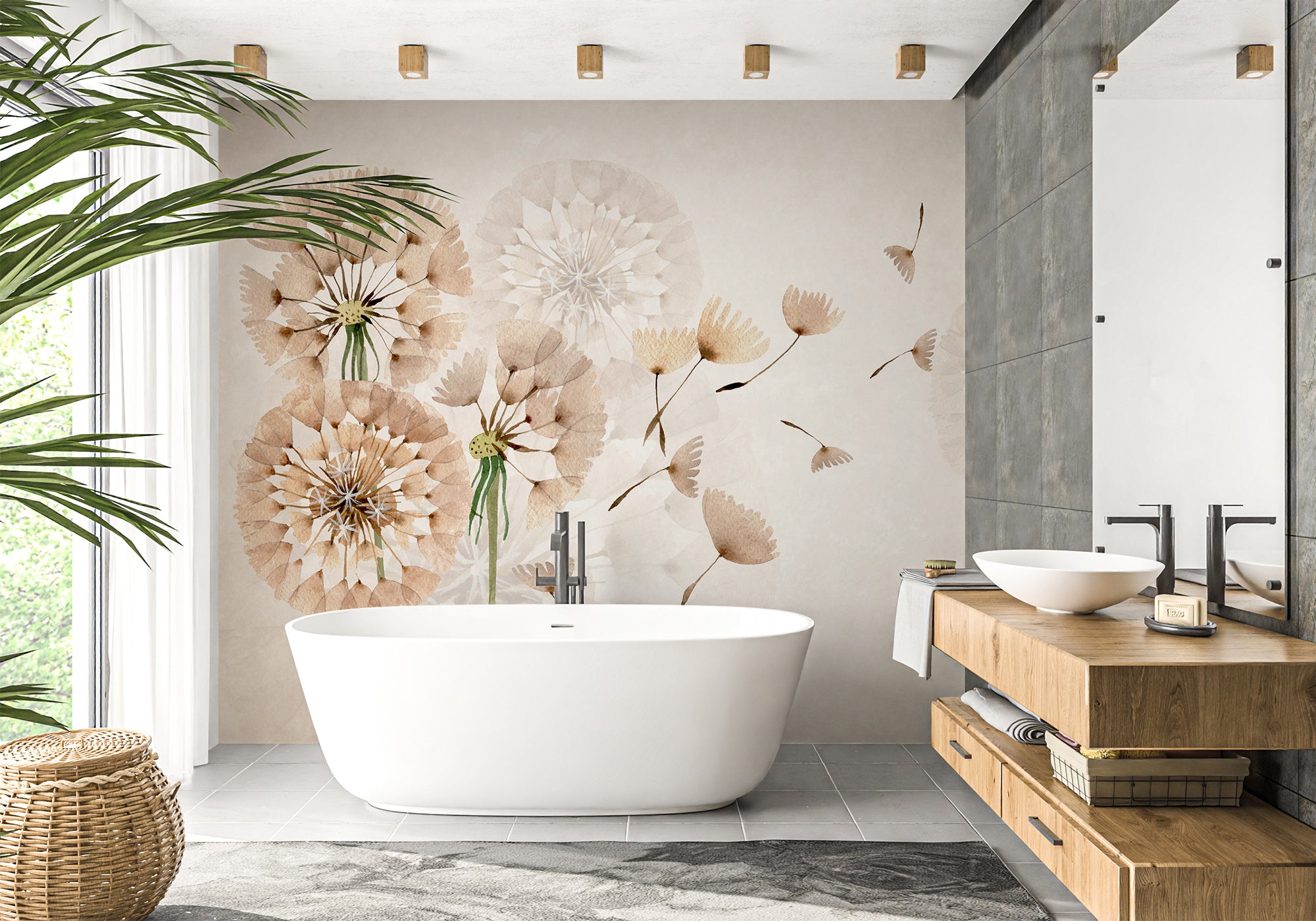 Papier peint salle de bain fleur pissenlit, mural concept, tendance