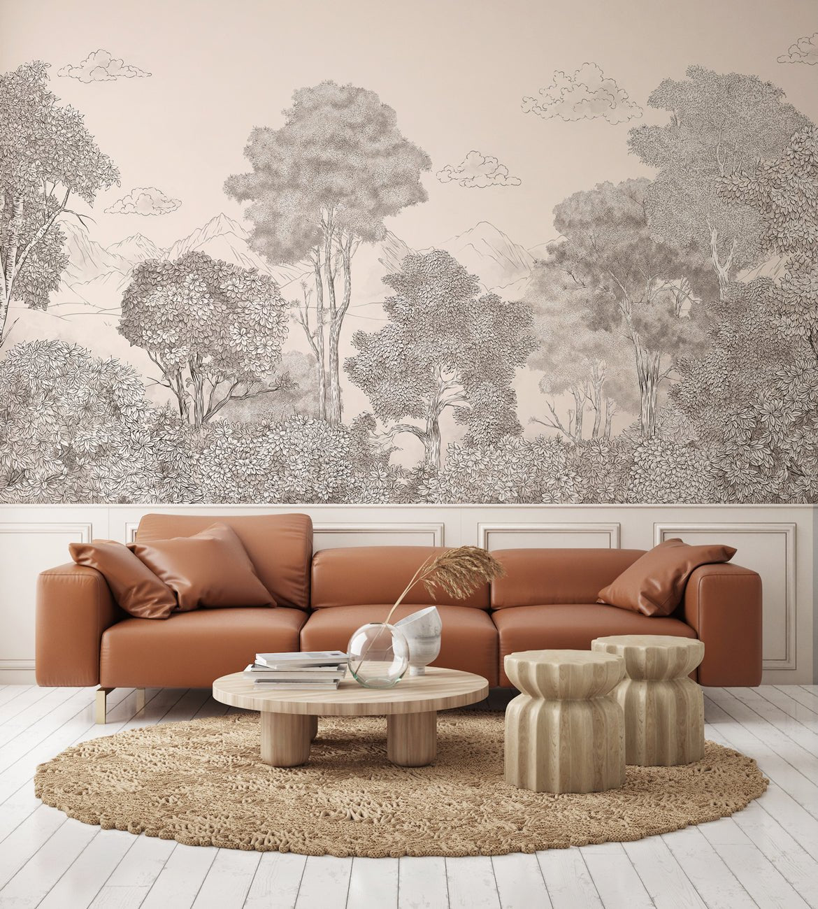 Papier peint panoramique Forêts et Monts Crayonnés Beige, XXL, tendance