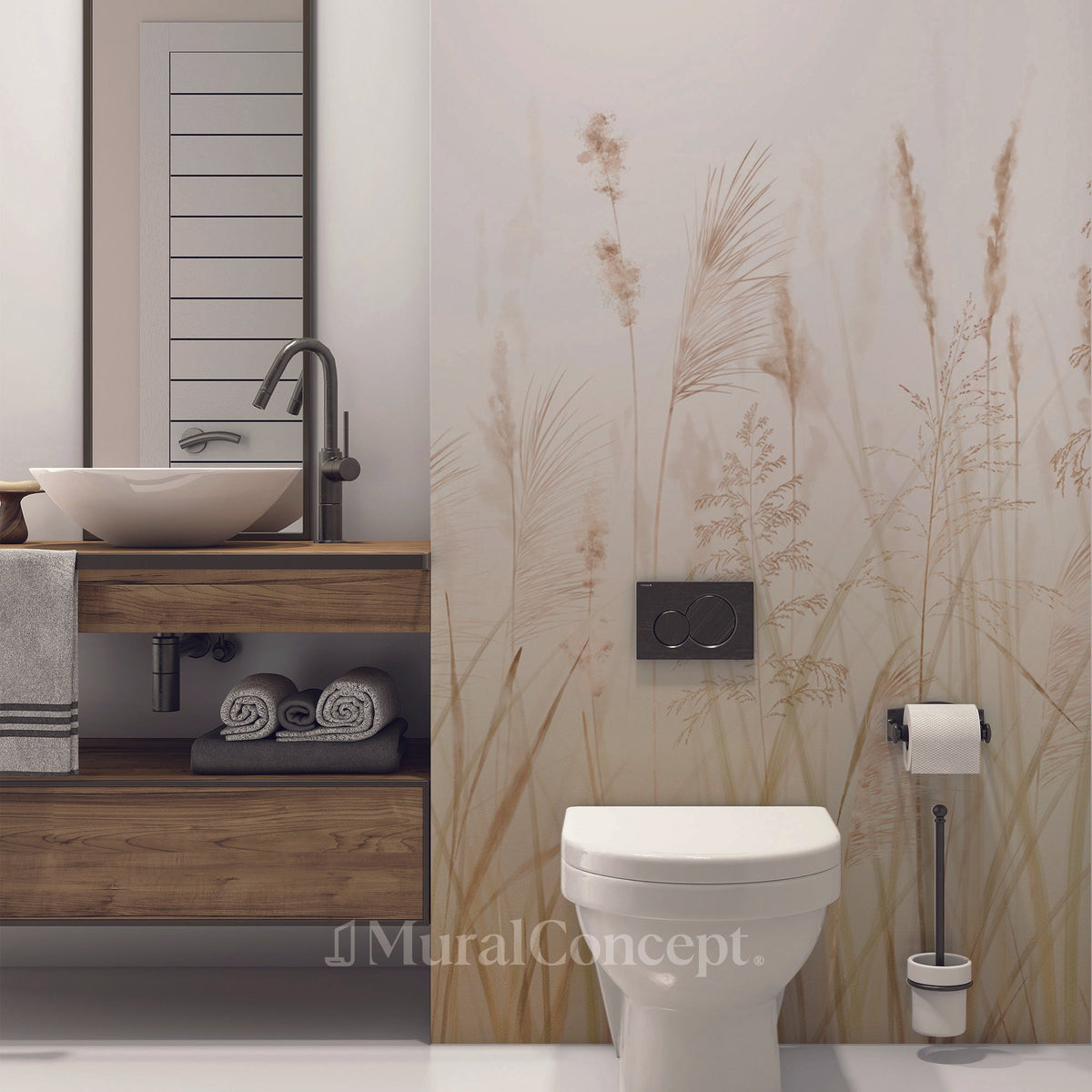 Tapete für das Badezimmer mit blühenden Weizenfeldern in Beige