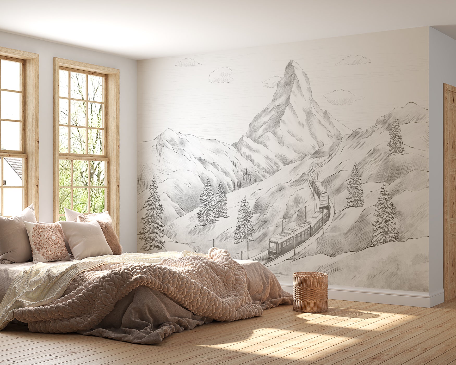 Papier peint panoramique Mont Cervin noir et blanc, XXL, tendance
