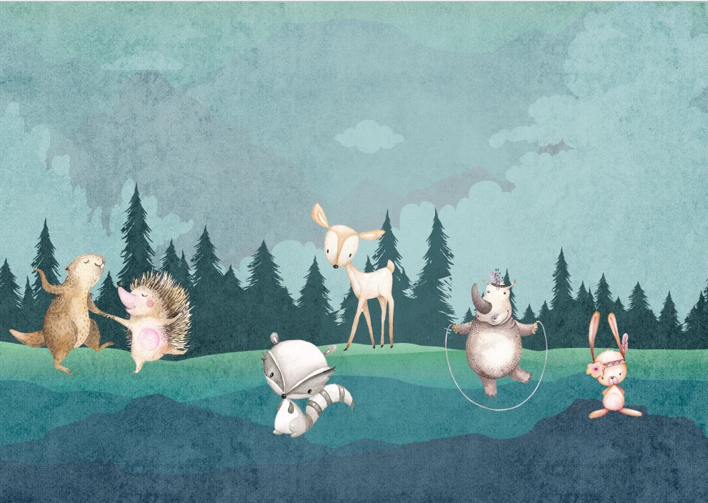 Tapete Kinderzimmer Tiere im Wald L405cm x H285cm