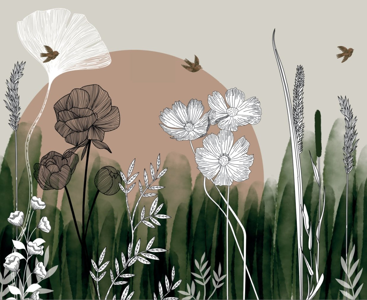 Panorama-Tapete Blumenillustration B295cm x H241cm