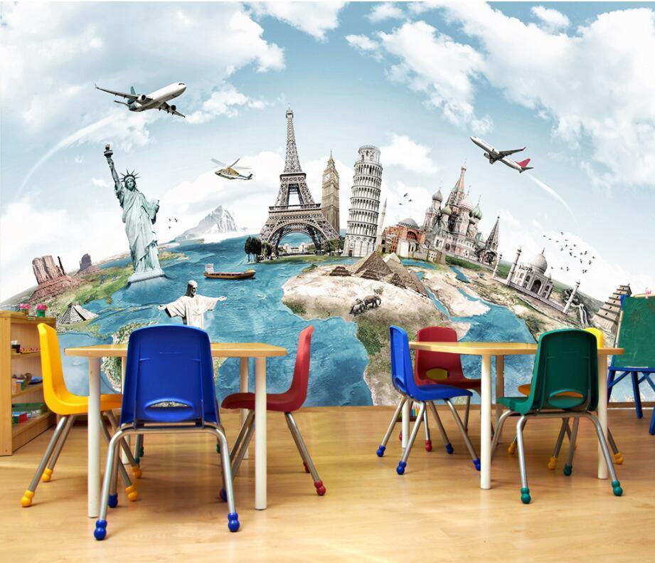 Papier peint Carte du monde & Monument - papier peint sur mesure francais - muralconcept