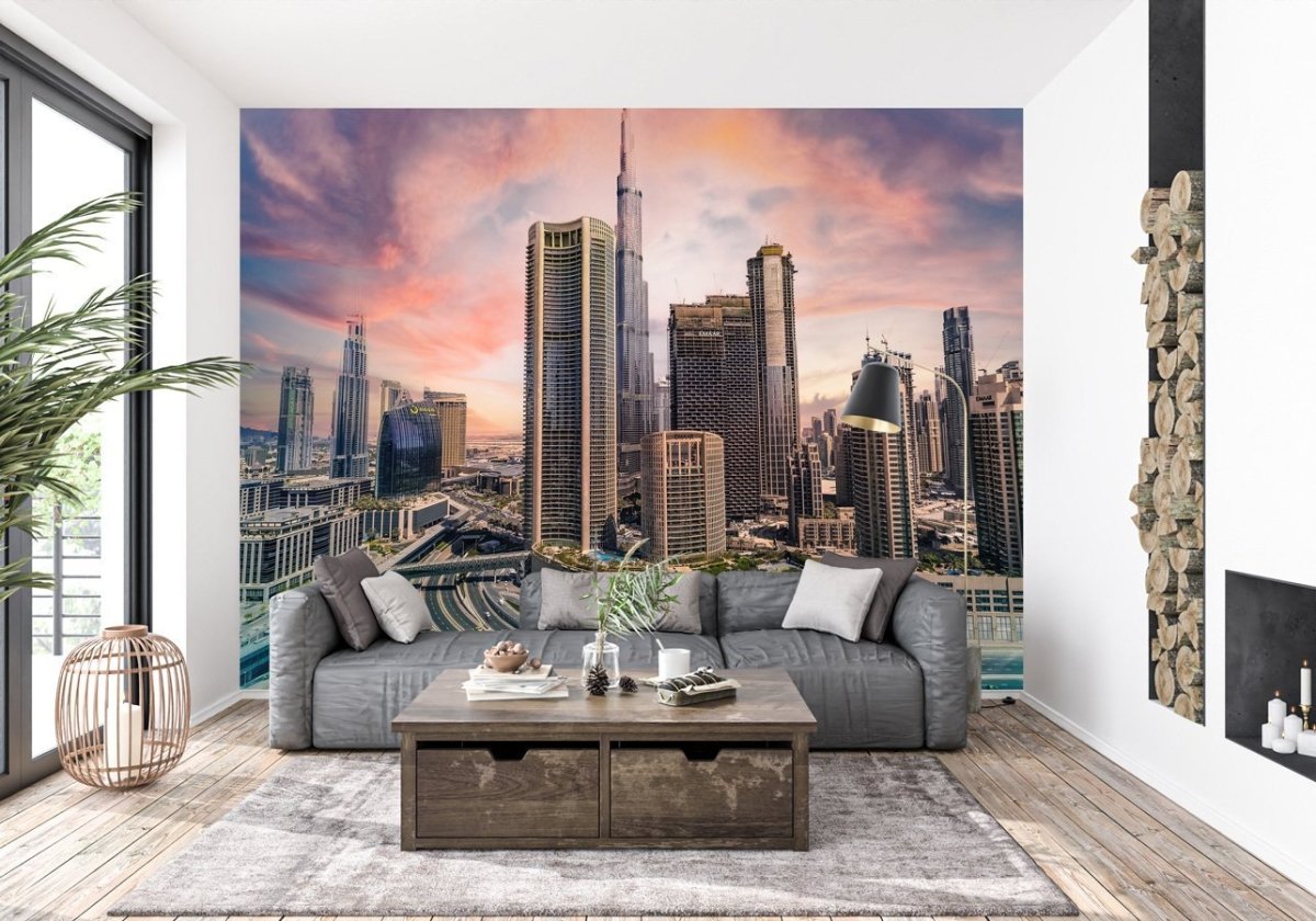 Papier peint panoramique Dubai city sunset - papier peint sur mesure francais - muralconcept