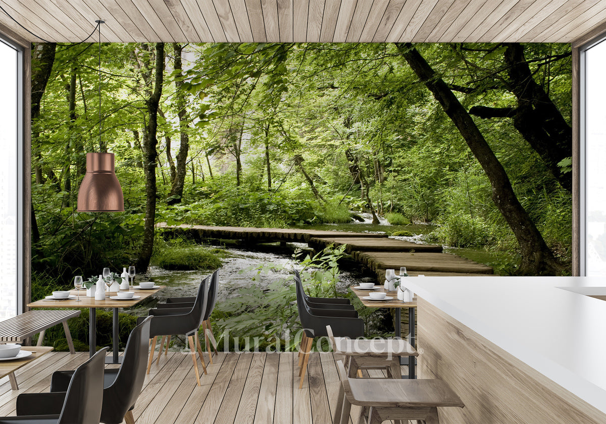 Bistro trompe l'oeil forest path wallpaper - Muralconcept