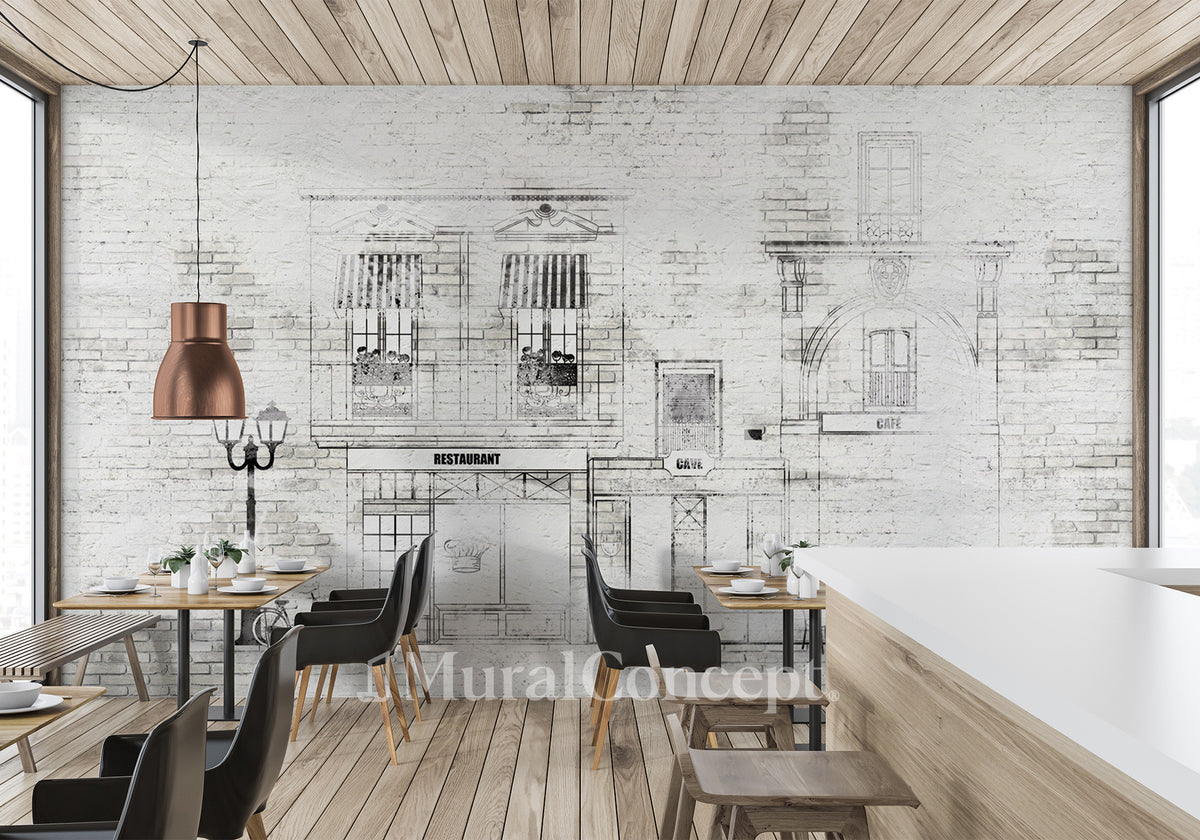 Papier peint bistrot vintage façade parisienne