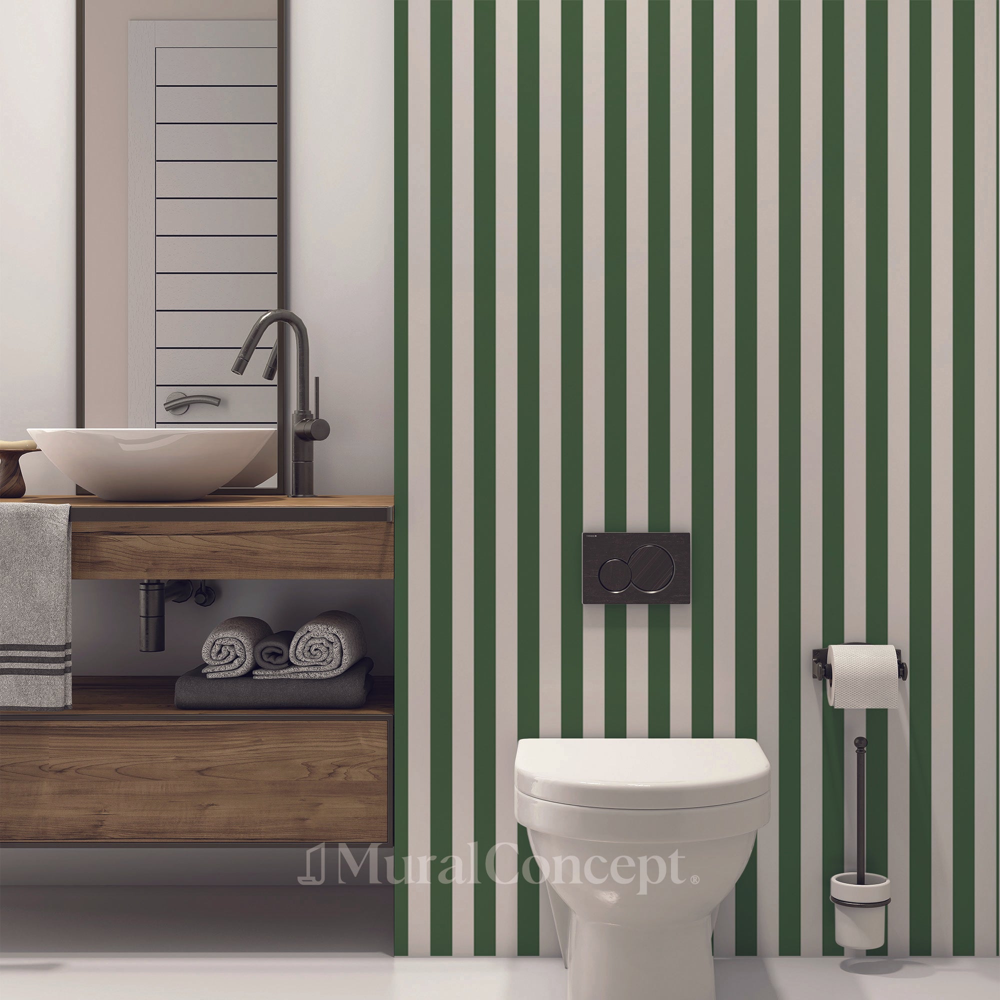Papier peint wc rayure rétro vert jungle - panoramique sur mesure francais - muralconcept