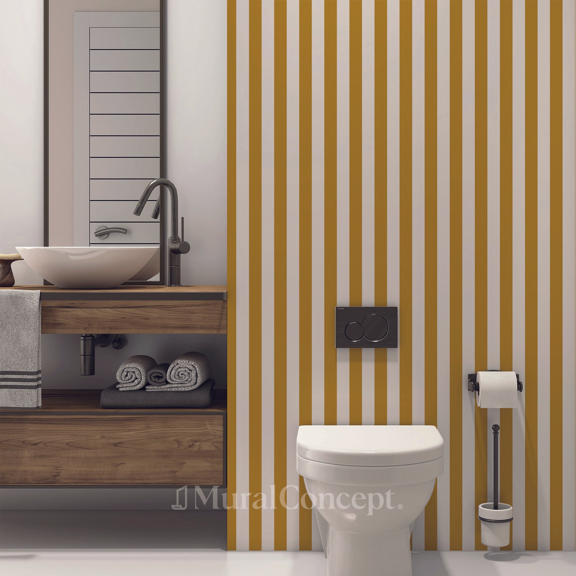 Papier peint wc rayure rétro jaune moutarde - panoramique sur mesure francais - muralconcept
