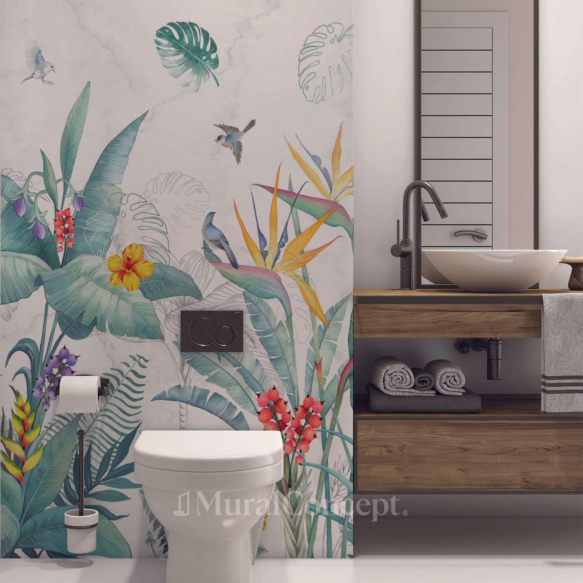 Papier peint wc Végétal & Bird - panoramique sur mesure francais - muralconcept