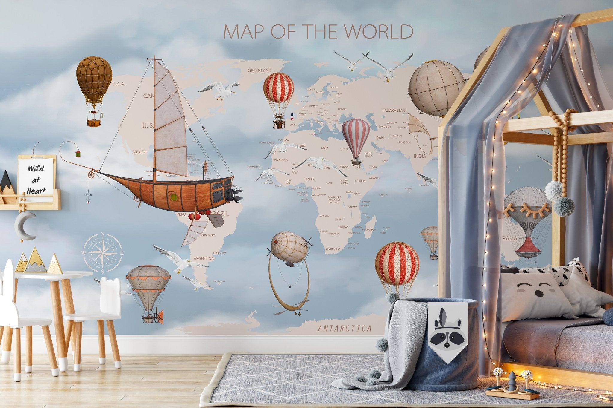 Papier peint carte du monde enfant vintage - panoramique français