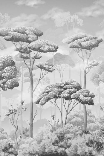 Carta da parati panoramica in bianco e nero sulla pineta