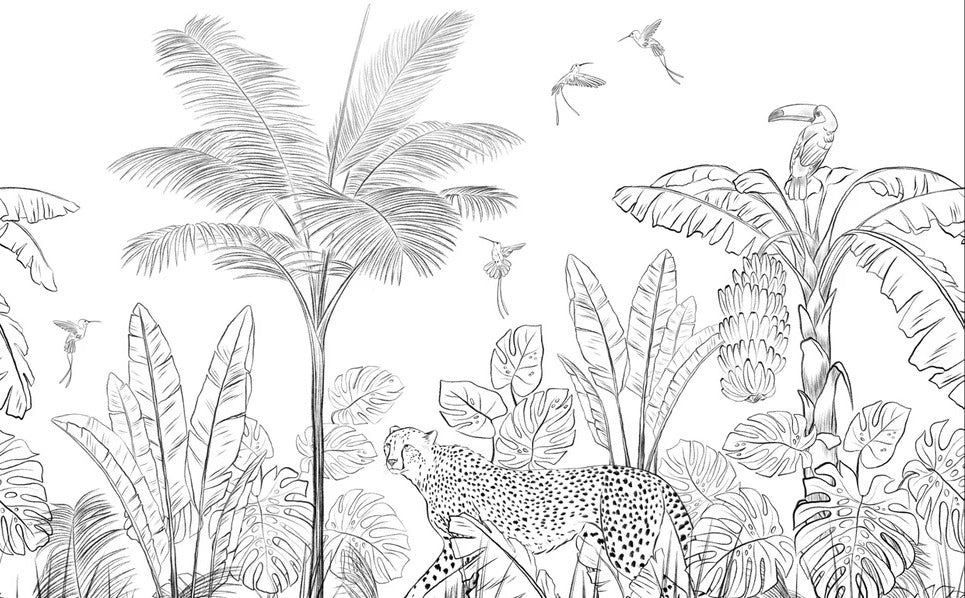 Carta da parati della giungla leopardata in bianco e nero