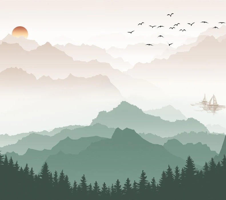 Papier peint montagne dans brume terracotta