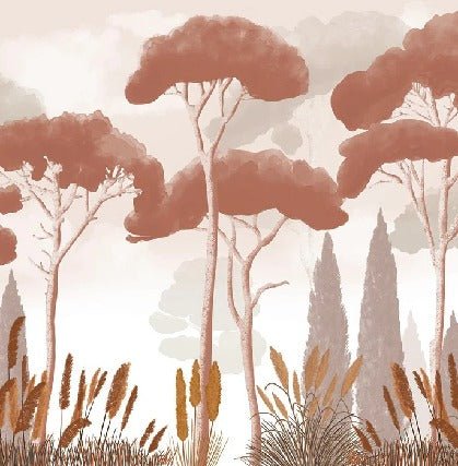 Papier peint cyprès pins et herbes de la pampa terracotta, XXL, tendance