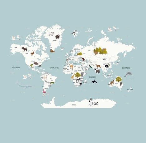 Mappa del mondo per bambini in carta da parati francese blu ghiaccio