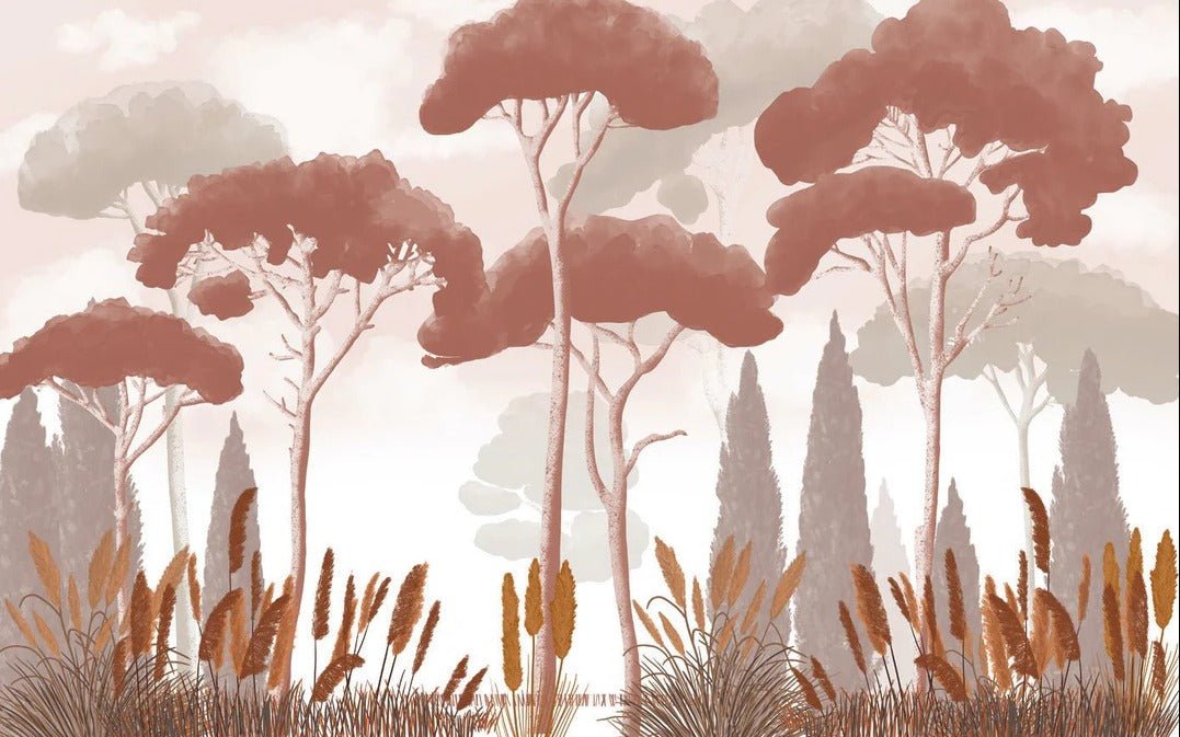 Papier peint cyprès pins et herbes de la pampa terracotta, XXL, tendance