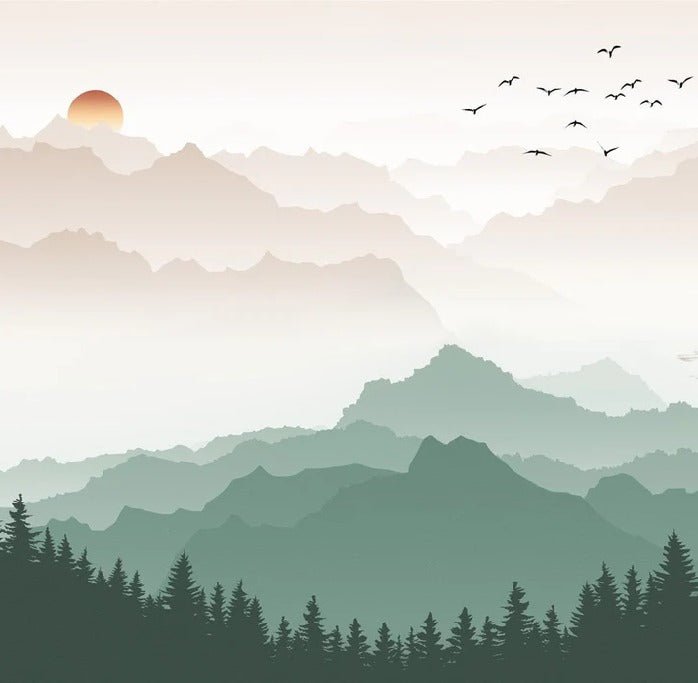 Papier peint montagne dans brume terracotta, XXL, tendance