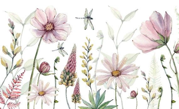 Tapete Blumen und Libellen