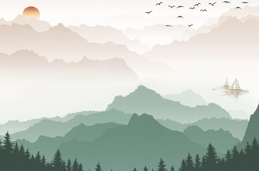 Papier peint montagne dans brume terracotta, XXL, tendance