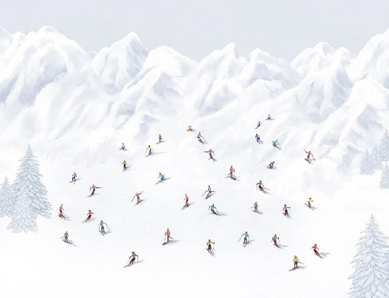 Tapete Berg Skifahrer bunt