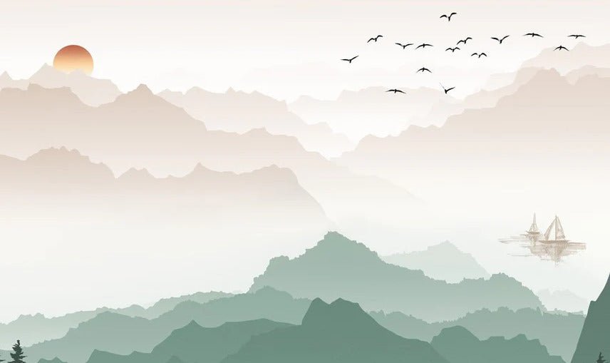 Papier peint montagne dans brume terracotta