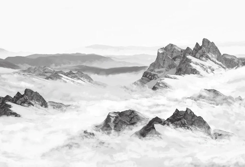 Papier peint panoramique montagne noir et blanc, XXL, tendance