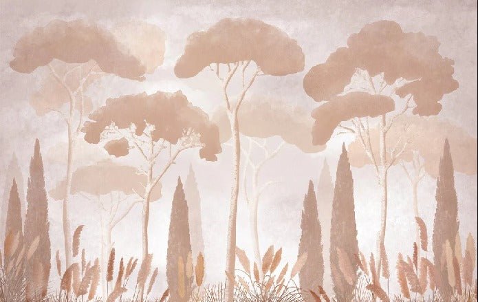 Papier peint sépia cyprès pins, mural concept, tendance