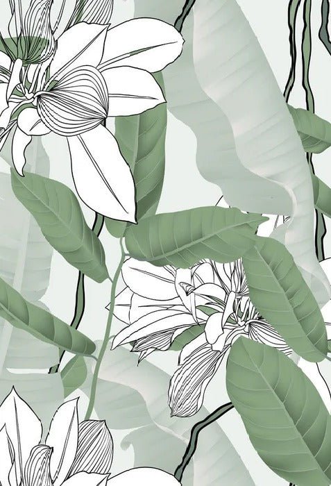 Carta da parati a fiori NB verde fogliame naturale