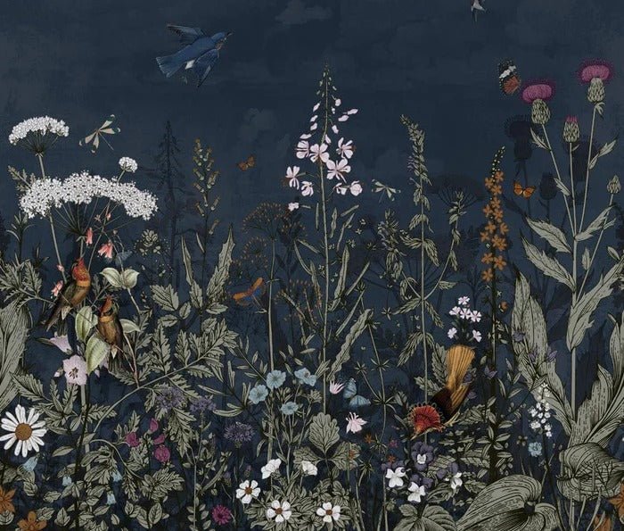 Papier peint panoramique bleu nuit floral